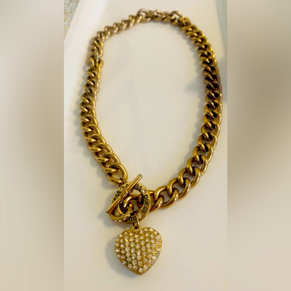 Vintage Guess Pave Heart Necklace in gold tone